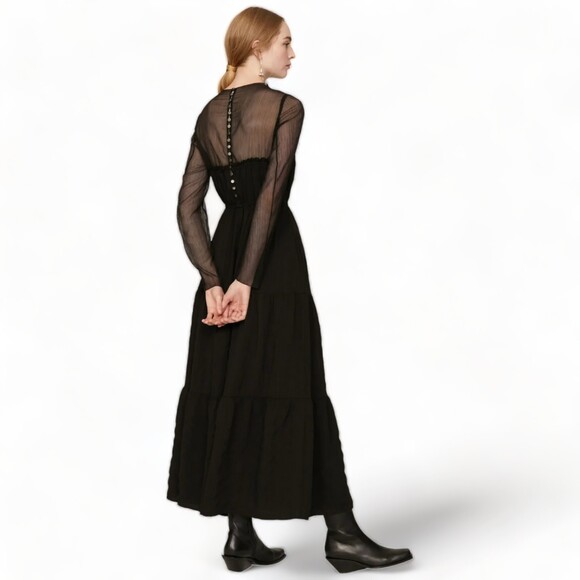 PAMELA LOVE Sheer Maxi Tiered Dress Black Long Sleeves Wednesday Goth Emo Size L - Picture 8 of 14
